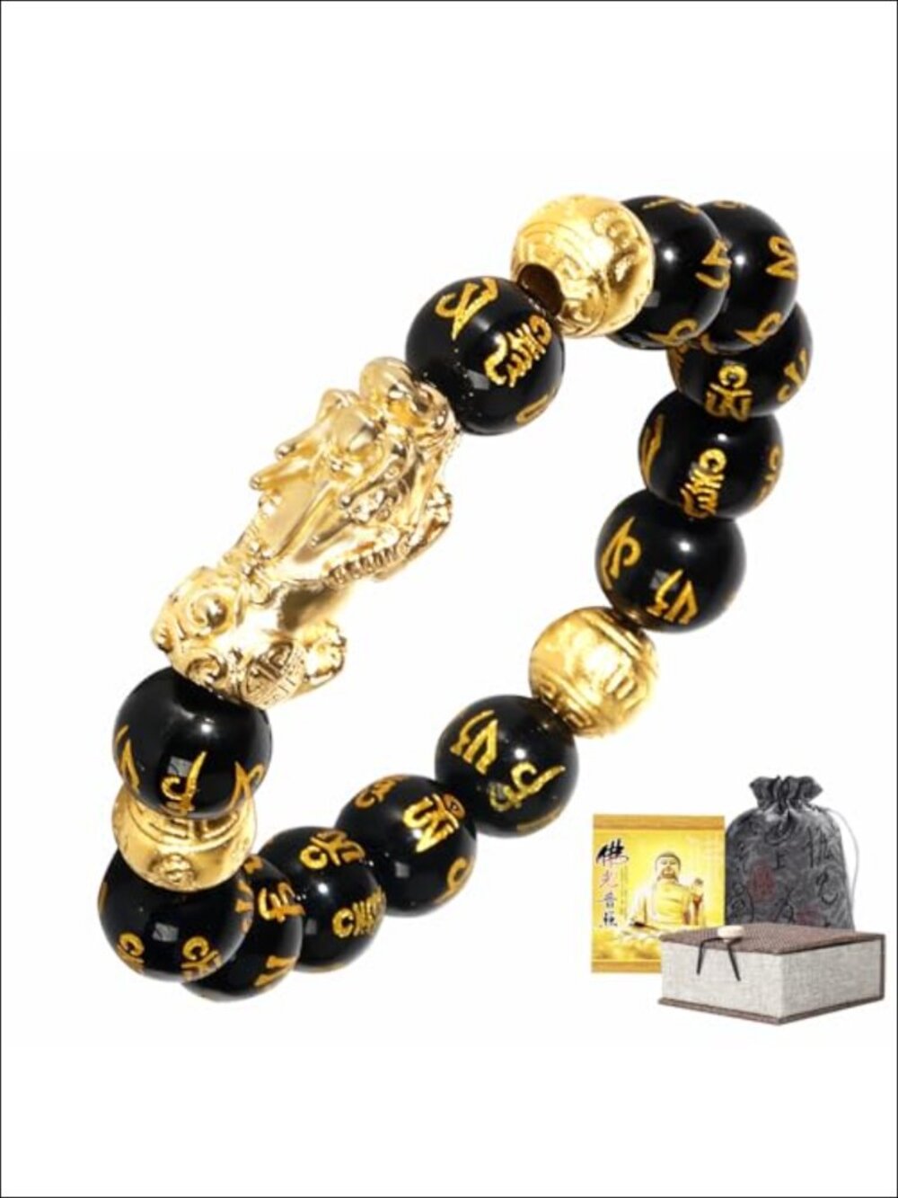 24K Gold Plated Obsidian Pixiu Dragon Protection Bracelet Feng Shui Wealth